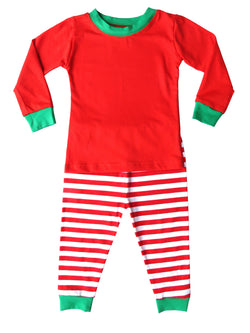 Holiday Christmas Red & White Striped Pajamas with Green Trim for Babies, Toddlers, & Big Kids