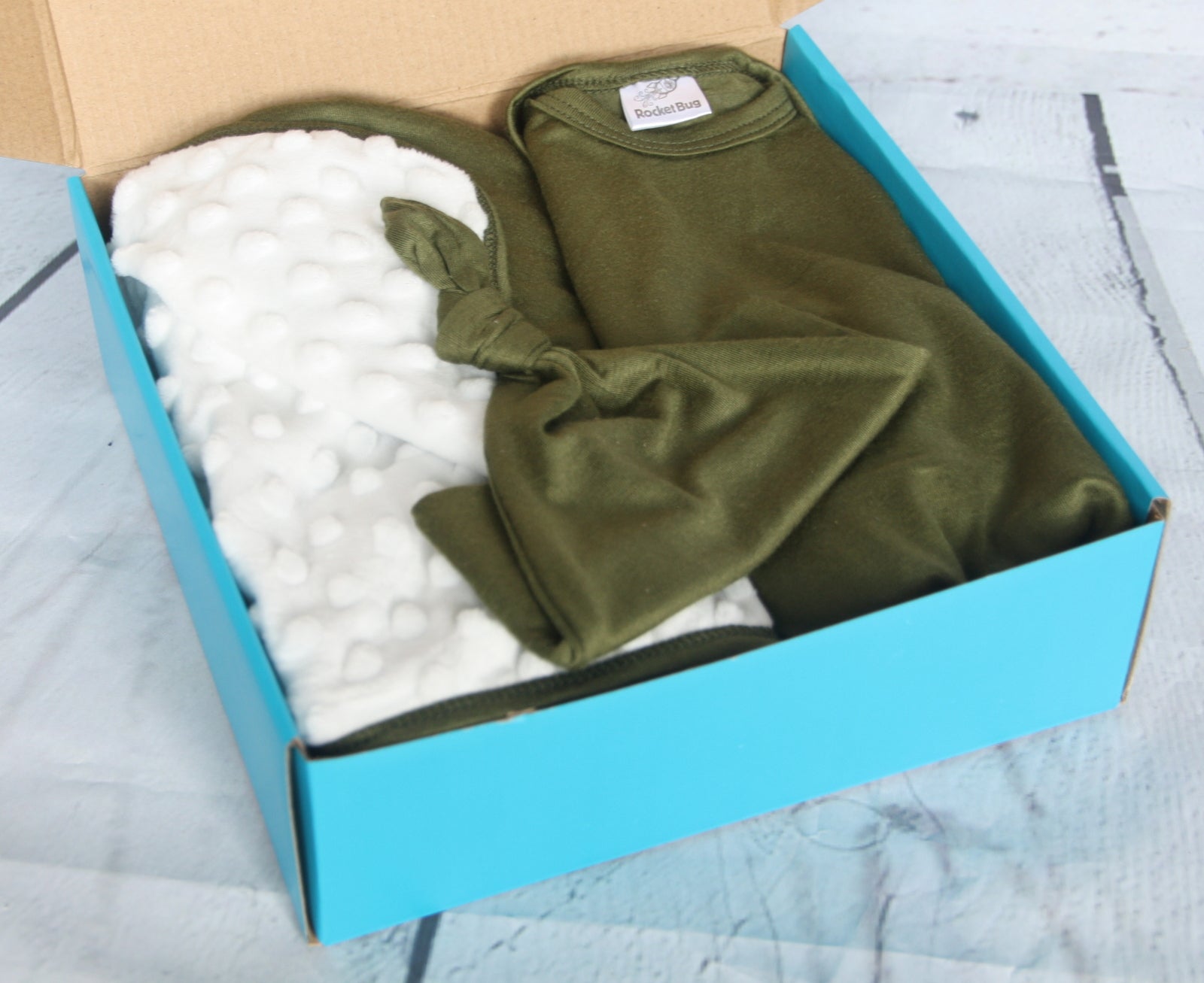 Rocket Bug 'Lush' PERSONALIZED GIFT SET- Silky Long Sleeve Baby Romper, Matching Blanket, and Hat or Headband