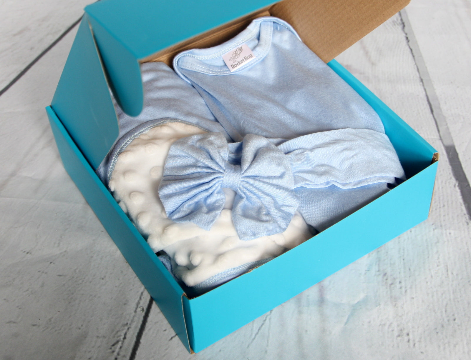 Rocket Bug GIFT SET- Silky Long Sleeve Baby Romper, Matching Blanket, and Hat or Headband for Boys and Girls-Gender Neutral