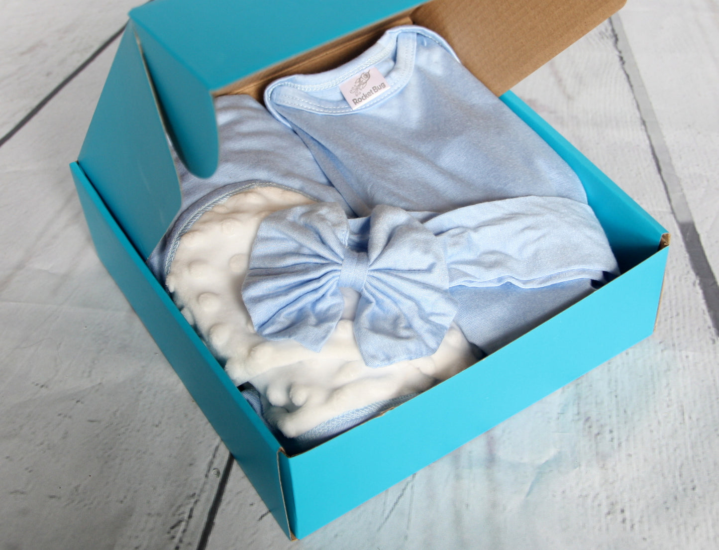 Rocket Bug 'Lush' PERSONALIZED GIFT SET- Silky Long Sleeve Baby Romper, Matching Blanket, and Hat or Headband