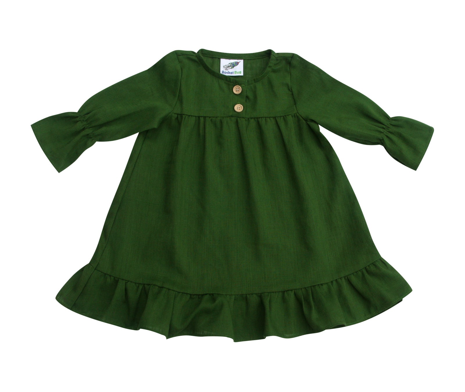 Long Sleeve Pleated Baby, Toddler, and Girls Linen Cotton Dress for Babies, Toddlers, and Kids 12 Months / Fern Green