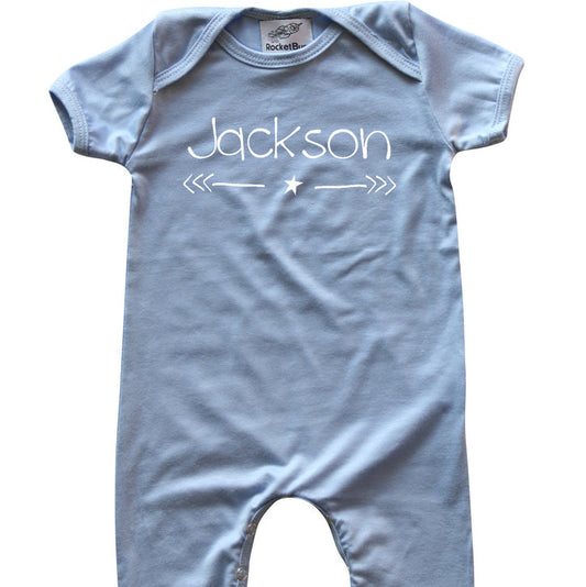 Personalized Baby Romper for Boys with Star & Arrow (Matching Hat Included) Silky Light Blue