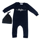 Personalized Custom Silky Long Sleeve Baby Romper for Boys and Girls-Gender Neutral (Sweetly Modern Font) (+ Hat)