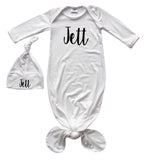 'Lush' Personalized Rocket Bug Silky Knotted Baby Gown with Matching Personalized Hat -Unisex, Boys, & Girls, Infant Sleeper-Personalized with Name