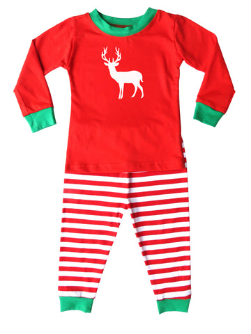 Holiday Christmas Red & White Striped Graphic Pajamas with Green Trim for Babies, Toddlers, & Big Kids