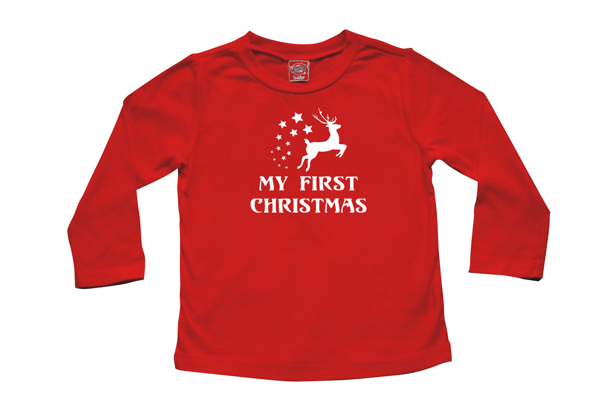 Holiday First Christmas Flying Reindeer- Baby, Toddler, and Big Kids Long Sleeve T-Shirt-Rocket Bug