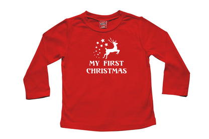 Holiday First Christmas Flying Reindeer- Baby, Toddler, and Big Kids Long Sleeve T-Shirt-Rocket Bug