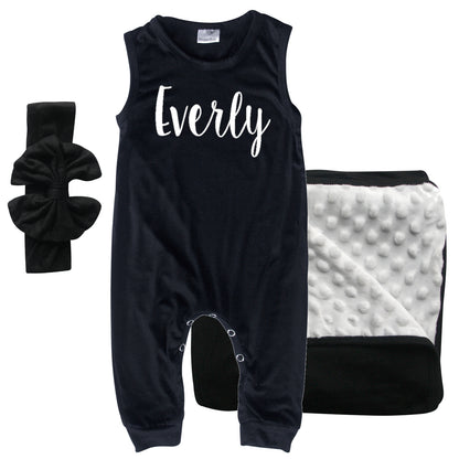 Rocket Bug GIFT SET- Lush Personalized Sleeveless Romper, Matching Blanket, and Hat or Headband for Boys and Girls-Gender Neutral