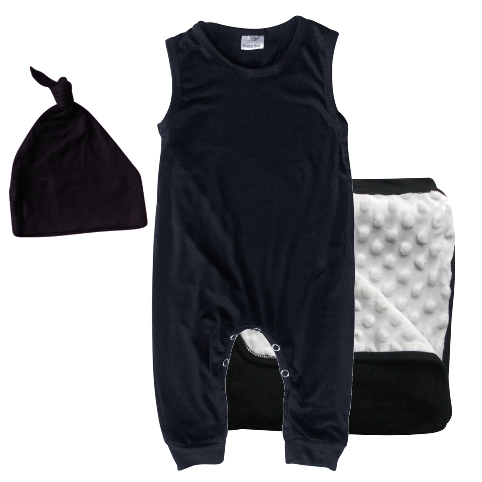 Rocket Bug GIFT SET- Sleeveless Romper, Matching Blanket, and Hat or Headband for Boys and Girls-Gender Neutral