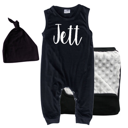 Rocket Bug GIFT SET- Lush Personalized Sleeveless Romper, Matching Blanket, and Hat or Headband for Boys and Girls-Gender Neutral