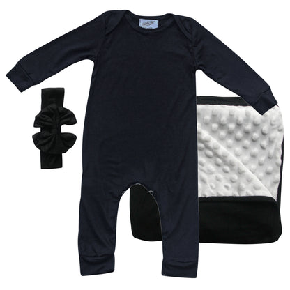 Rocket Bug GIFT SET- Silky Long Sleeve Baby Romper, Matching Blanket, and Hat or Headband for Boys and Girls-Gender Neutral