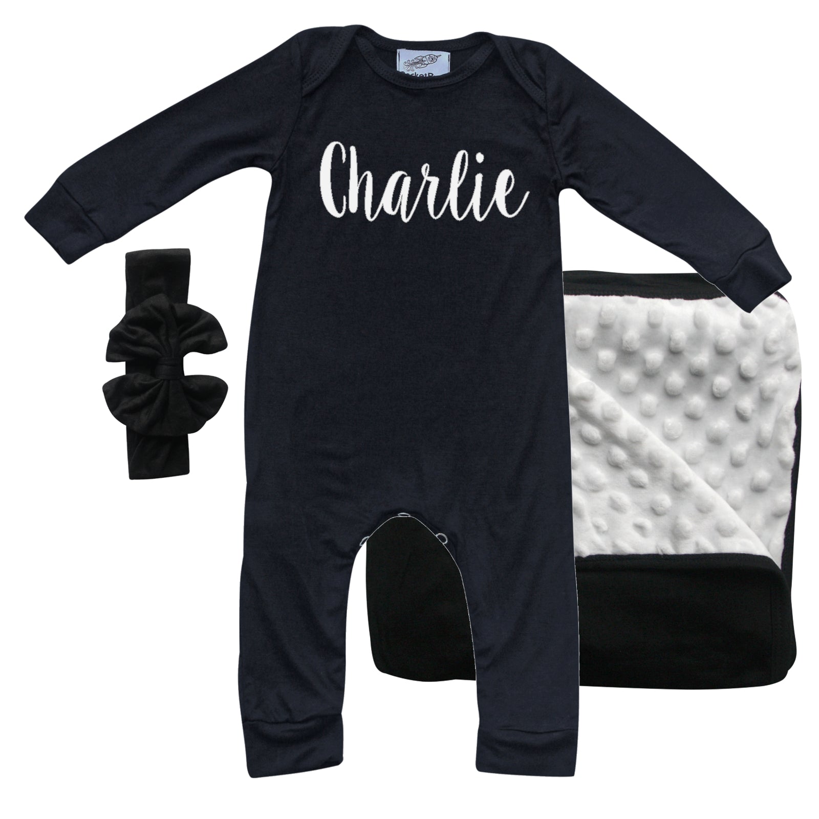 Rocket Bug 'Lush' PERSONALIZED GIFT SET- Silky Long Sleeve Baby Romper, Matching Blanket, and Hat or Headband