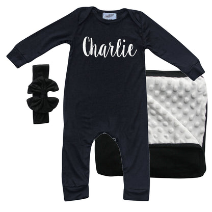 Rocket Bug 'Lush' PERSONALIZED GIFT SET- Silky Long Sleeve Baby Romper, Matching Blanket, and Hat or Headband