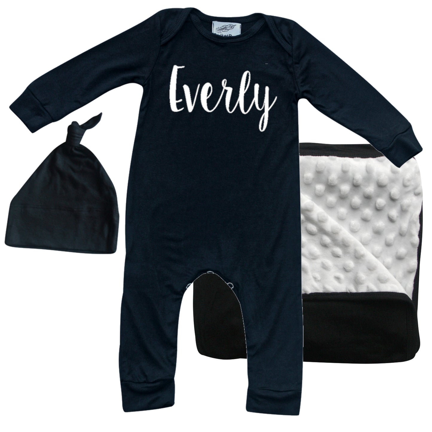 Rocket Bug 'Lush' PERSONALIZED GIFT SET- Silky Long Sleeve Baby Romper, Matching Blanket, and Hat or Headband