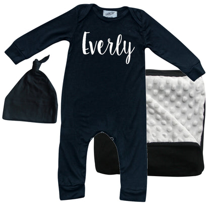 Rocket Bug 'Lush' PERSONALIZED GIFT SET- Silky Long Sleeve Baby Romper, Matching Blanket, and Hat or Headband