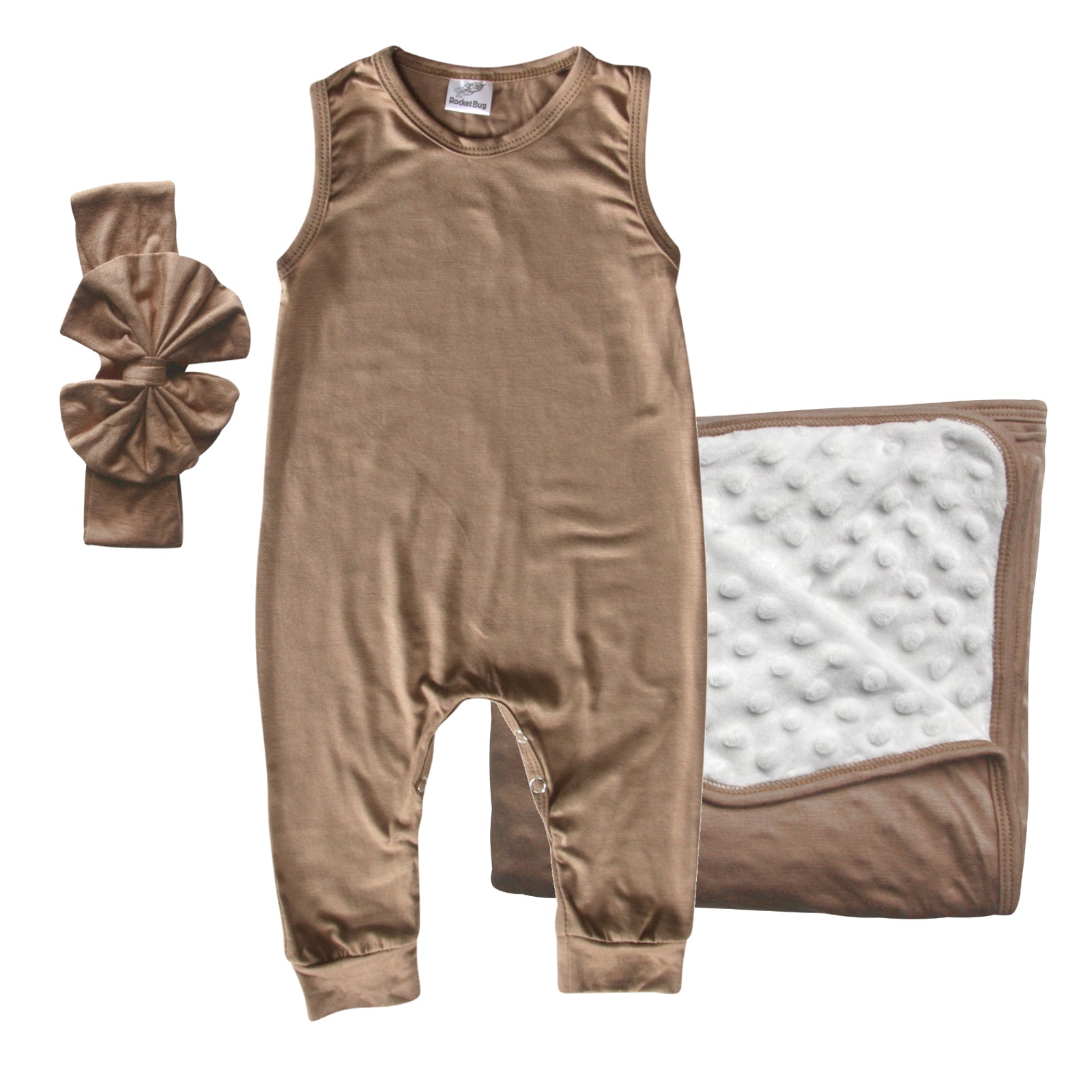 Rocket Bug GIFT SET- Sleeveless Romper, Matching Blanket, and Hat or Headband for Boys and Girls-Gender Neutral