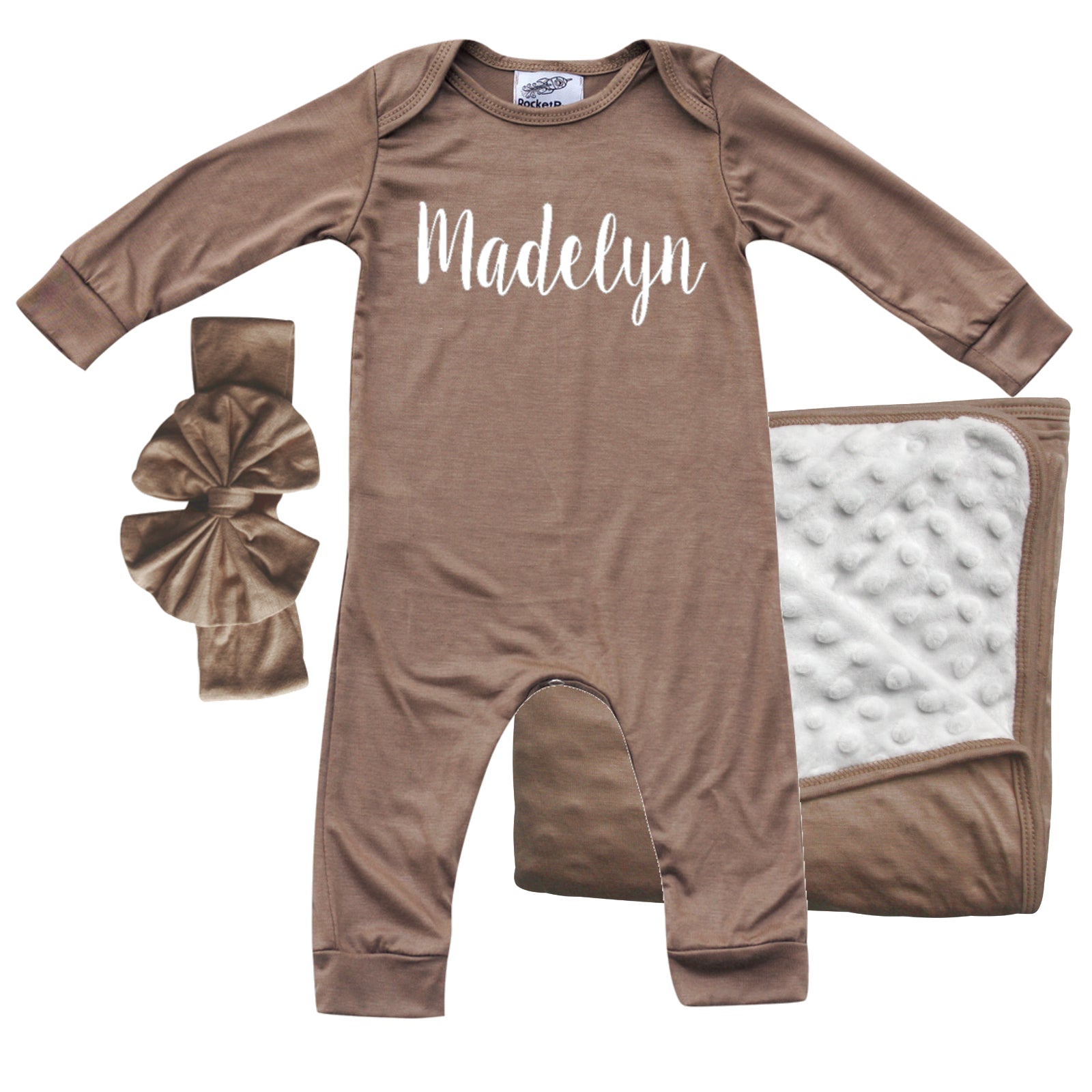 Rocket Bug 'Lush' PERSONALIZED GIFT SET- Silky Long Sleeve Baby Romper, Matching Blanket, and Hat or Headband