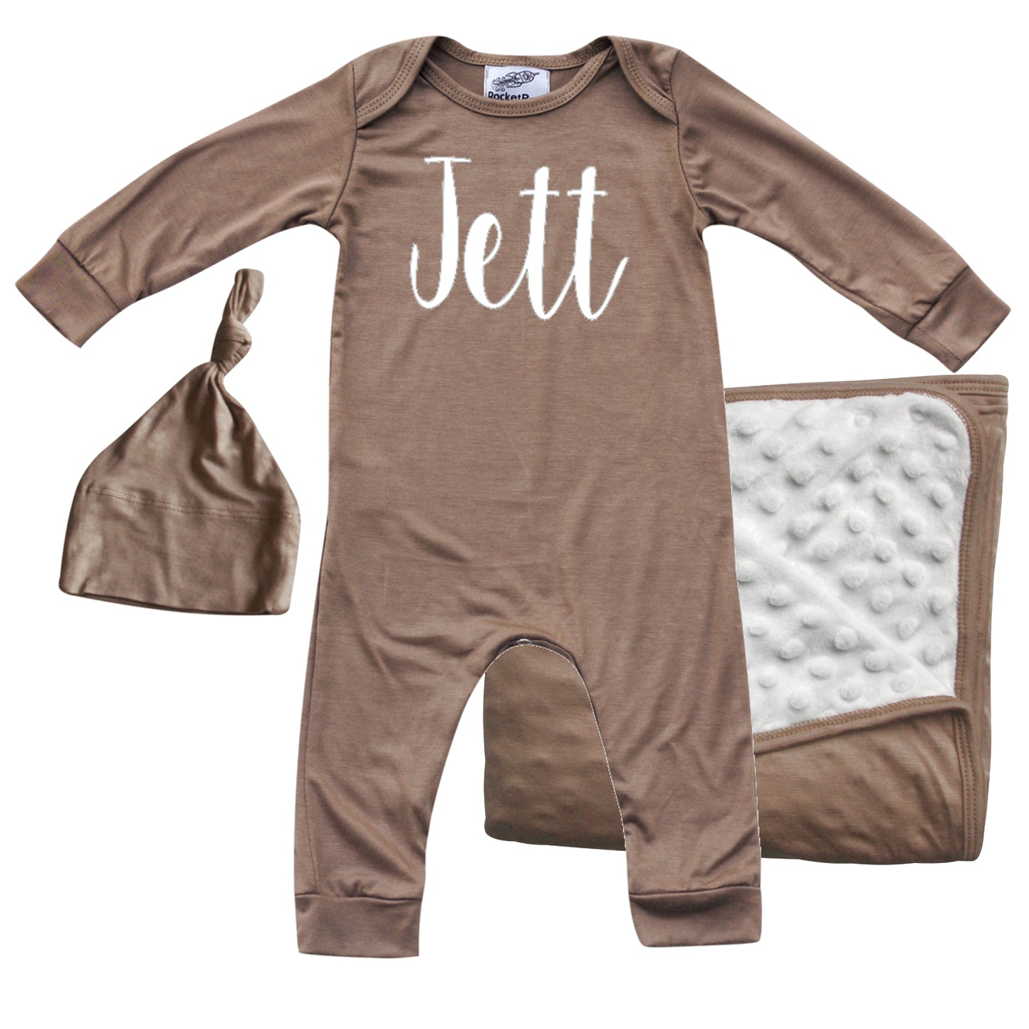 Rocket Bug 'Lush' PERSONALIZED GIFT SET- Silky Long Sleeve Baby Romper, Matching Blanket, and Hat or Headband