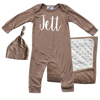 Rocket Bug 'Lush' PERSONALIZED GIFT SET- Silky Long Sleeve Baby Romper, Matching Blanket, and Hat or Headband