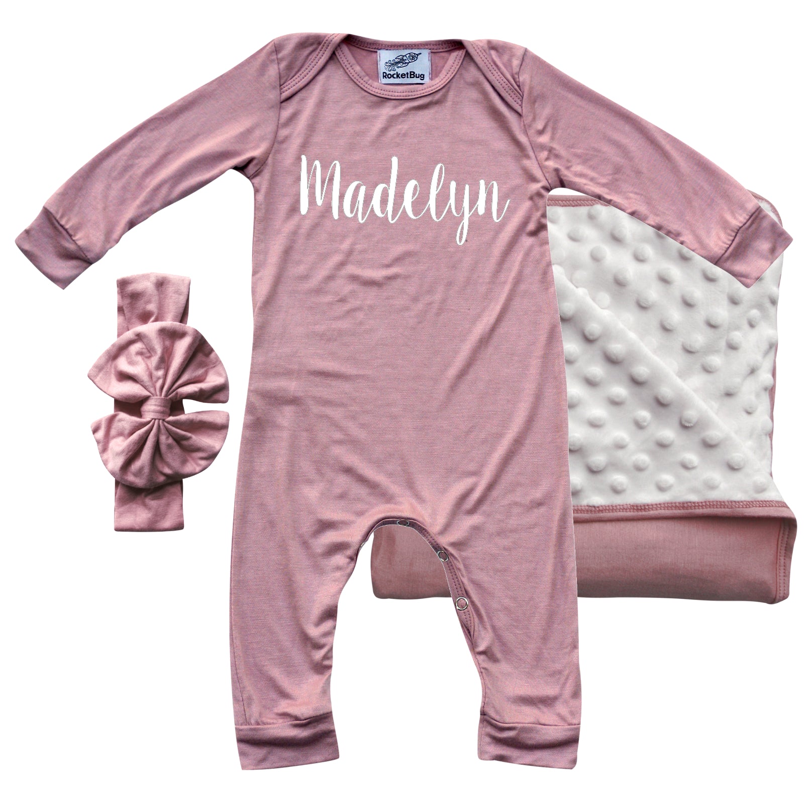 Rocket Bug 'Lush' PERSONALIZED GIFT SET- Silky Long Sleeve Baby Romper, Matching Blanket, and Hat or Headband