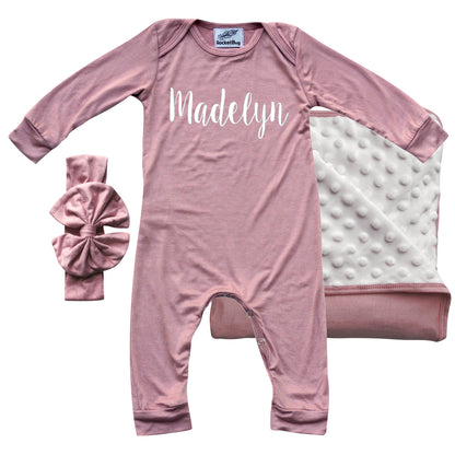 Rocket Bug 'Lush' PERSONALIZED GIFT SET- Silky Long Sleeve Baby Romper, Matching Blanket, and Hat or Headband