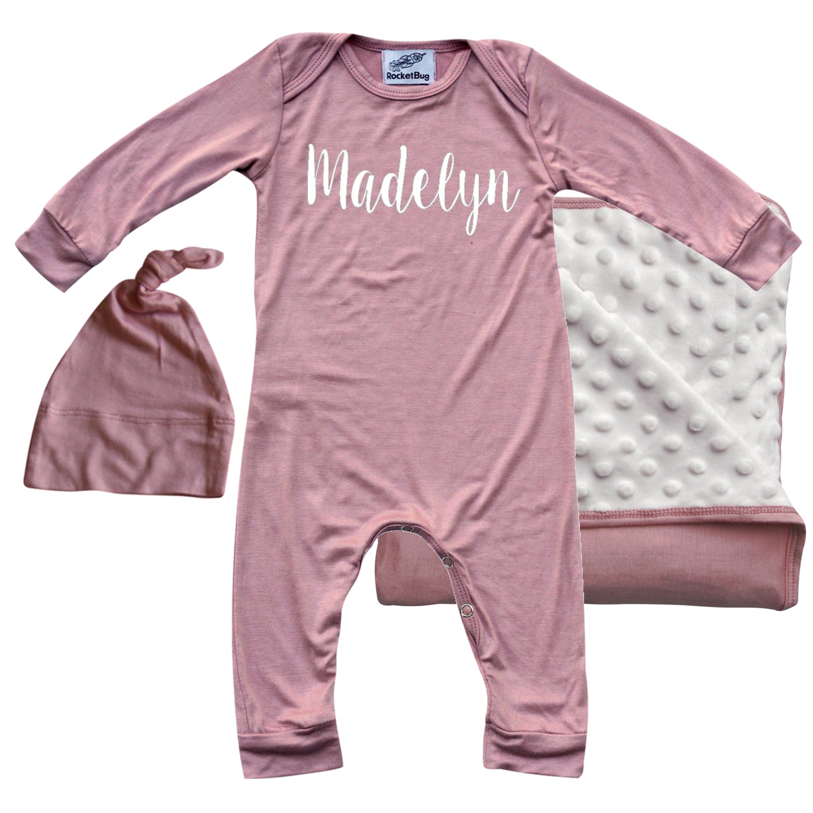 Rocket Bug 'Lush' PERSONALIZED GIFT SET- Silky Long Sleeve Baby Romper, Matching Blanket, and Hat or Headband