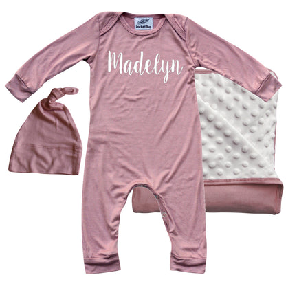 Rocket Bug 'Lush' PERSONALIZED GIFT SET- Silky Long Sleeve Baby Romper, Matching Blanket, and Hat or Headband