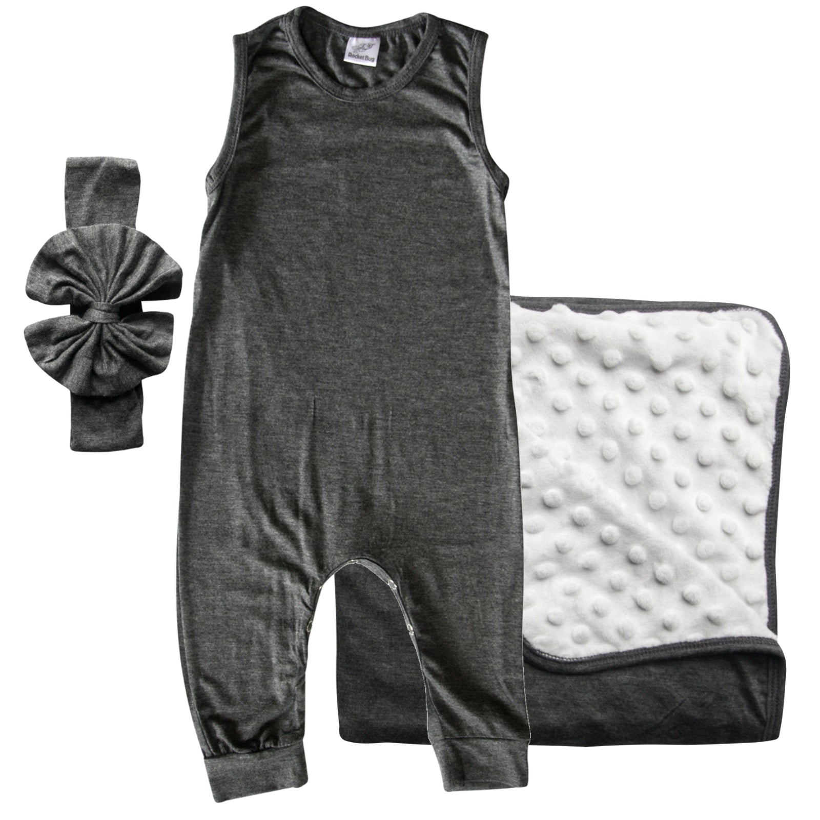 Rocket Bug GIFT SET- Sleeveless Romper, Matching Blanket, and Hat or Headband for Boys and Girls-Gender Neutral