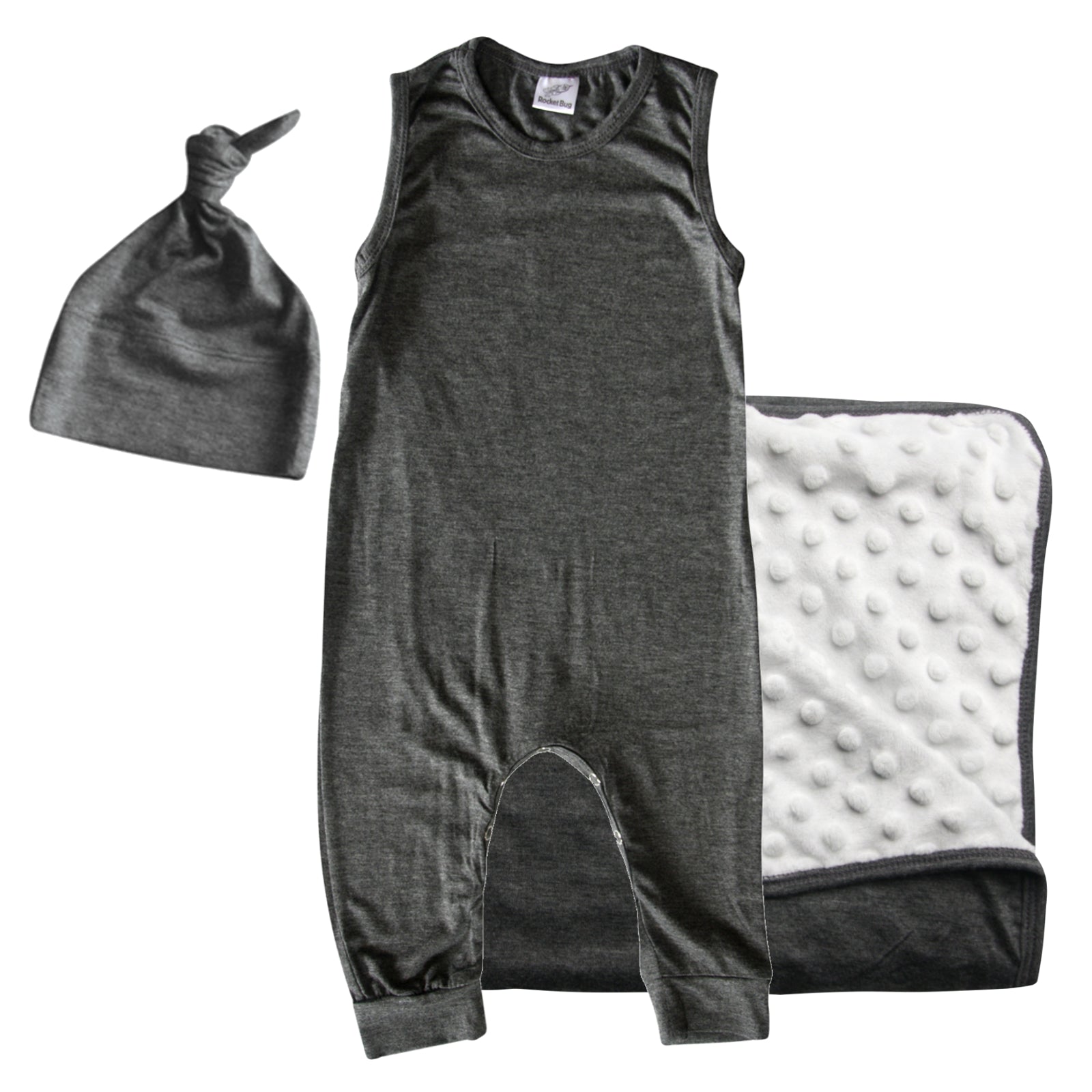 Rocket Bug GIFT SET- Sleeveless Romper, Matching Blanket, and Hat or Headband for Boys and Girls-Gender Neutral
