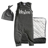 Rocket Bug GIFT SET- Lush Personalized Sleeveless Romper, Matching Blanket, and Hat or Headband for Boys and Girls-Gender Neutral