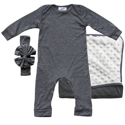 Rocket Bug GIFT SET- Silky Long Sleeve Baby Romper, Matching Blanket, and Hat or Headband for Boys and Girls-Gender Neutral