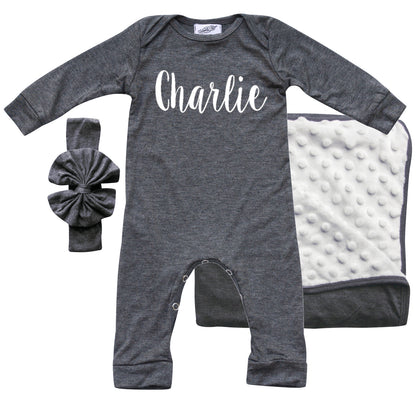 Rocket Bug 'Lush' PERSONALIZED GIFT SET- Silky Long Sleeve Baby Romper, Matching Blanket, and Hat or Headband