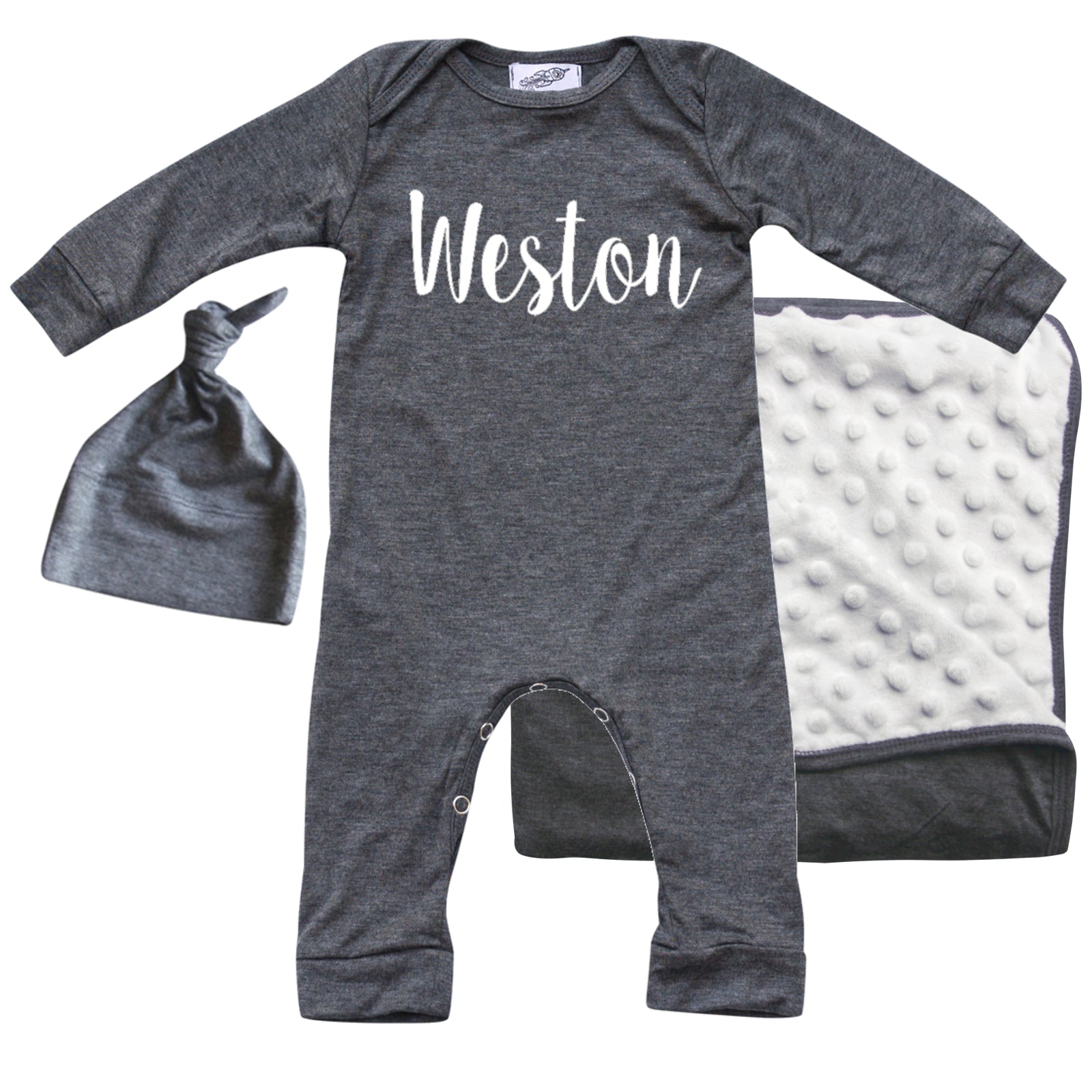 Rocket Bug 'Lush' PERSONALIZED GIFT SET- Silky Long Sleeve Baby Romper, Matching Blanket, and Hat or Headband