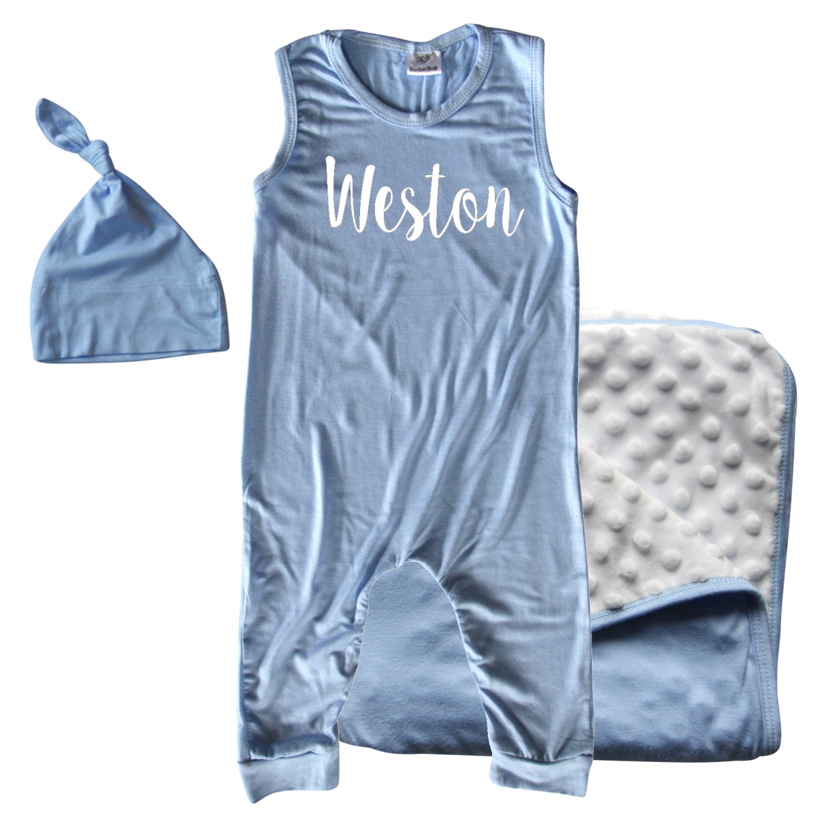 Rocket Bug GIFT SET- Lush Personalized Sleeveless Romper, Matching Blanket, and Hat or Headband for Boys and Girls-Gender Neutral