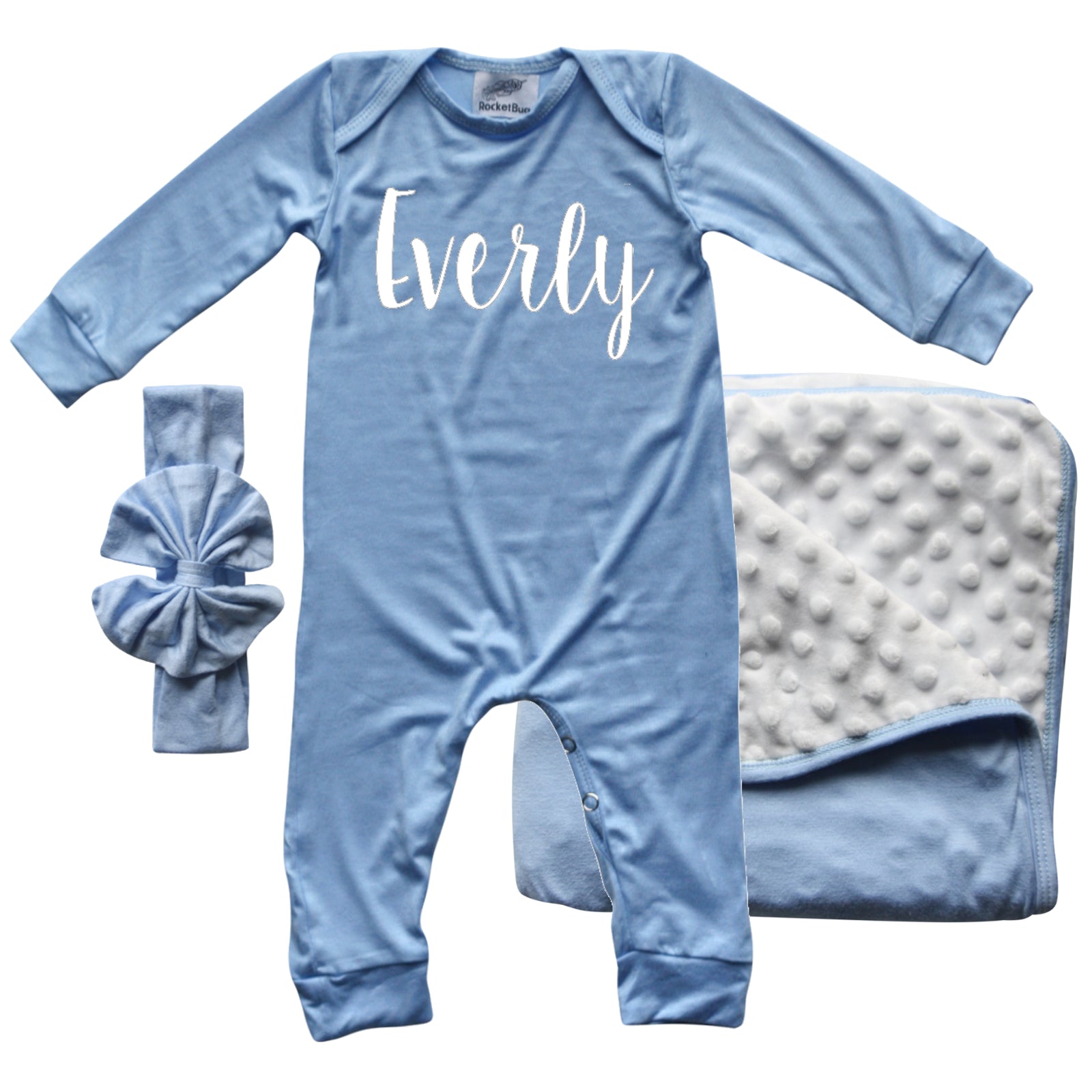 Rocket Bug 'Lush' PERSONALIZED GIFT SET- Silky Long Sleeve Baby Romper, Matching Blanket, and Hat or Headband