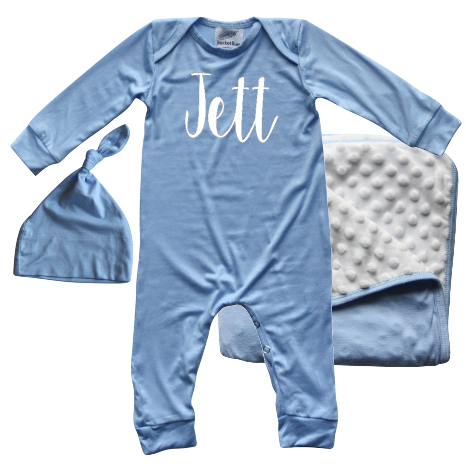 Rocket Bug 'Lush' PERSONALIZED GIFT SET- Silky Long Sleeve Baby Romper, Matching Blanket, and Hat or Headband