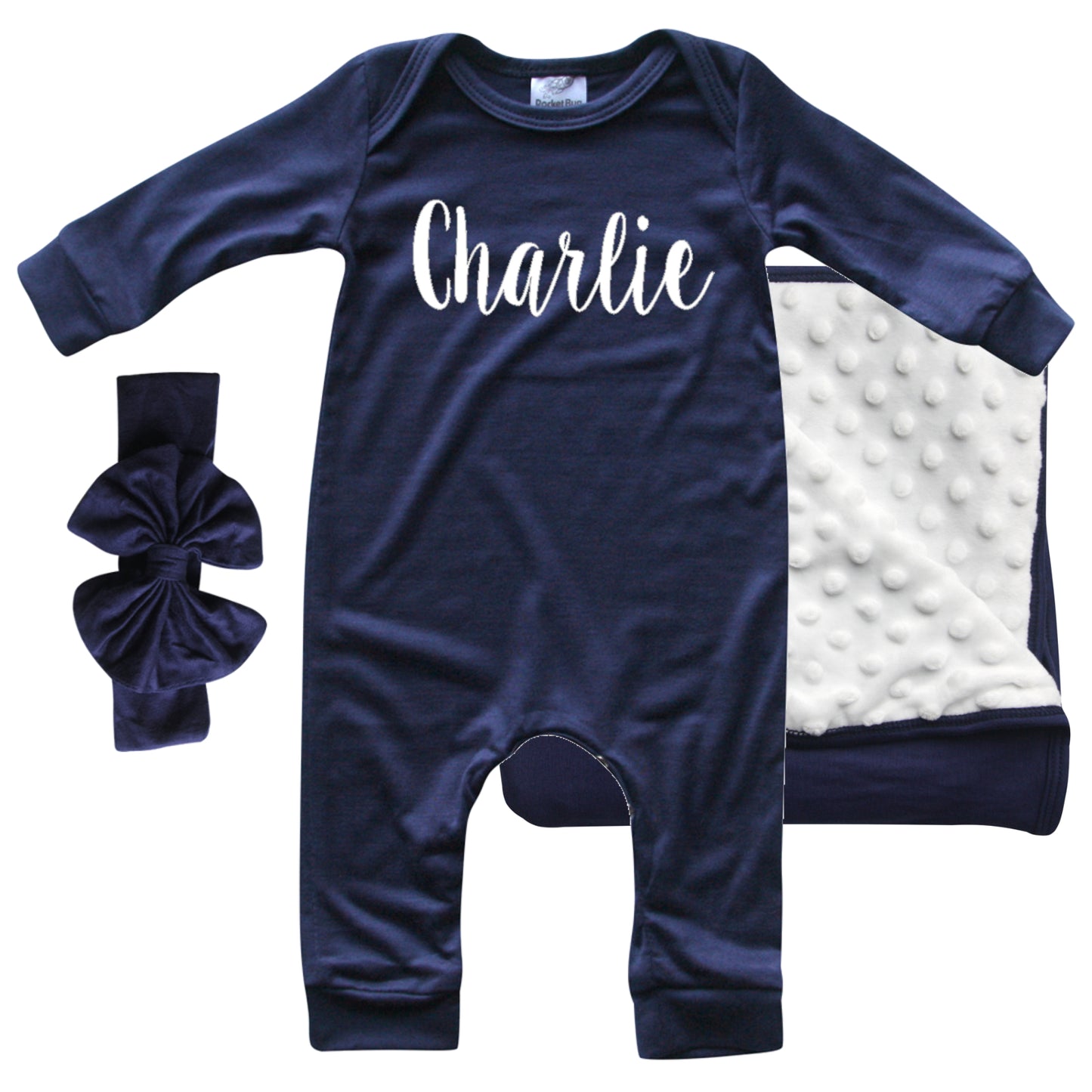 Rocket Bug 'Lush' PERSONALIZED GIFT SET- Silky Long Sleeve Baby Romper, Matching Blanket, and Hat or Headband