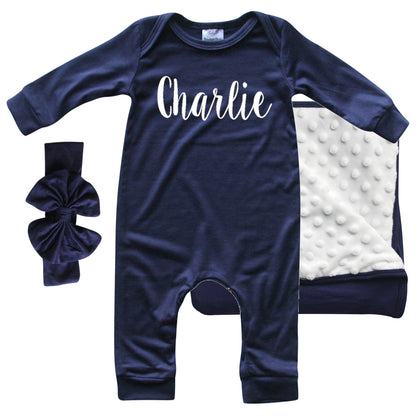 Rocket Bug 'Lush' PERSONALIZED GIFT SET- Silky Long Sleeve Baby Romper, Matching Blanket, and Hat or Headband