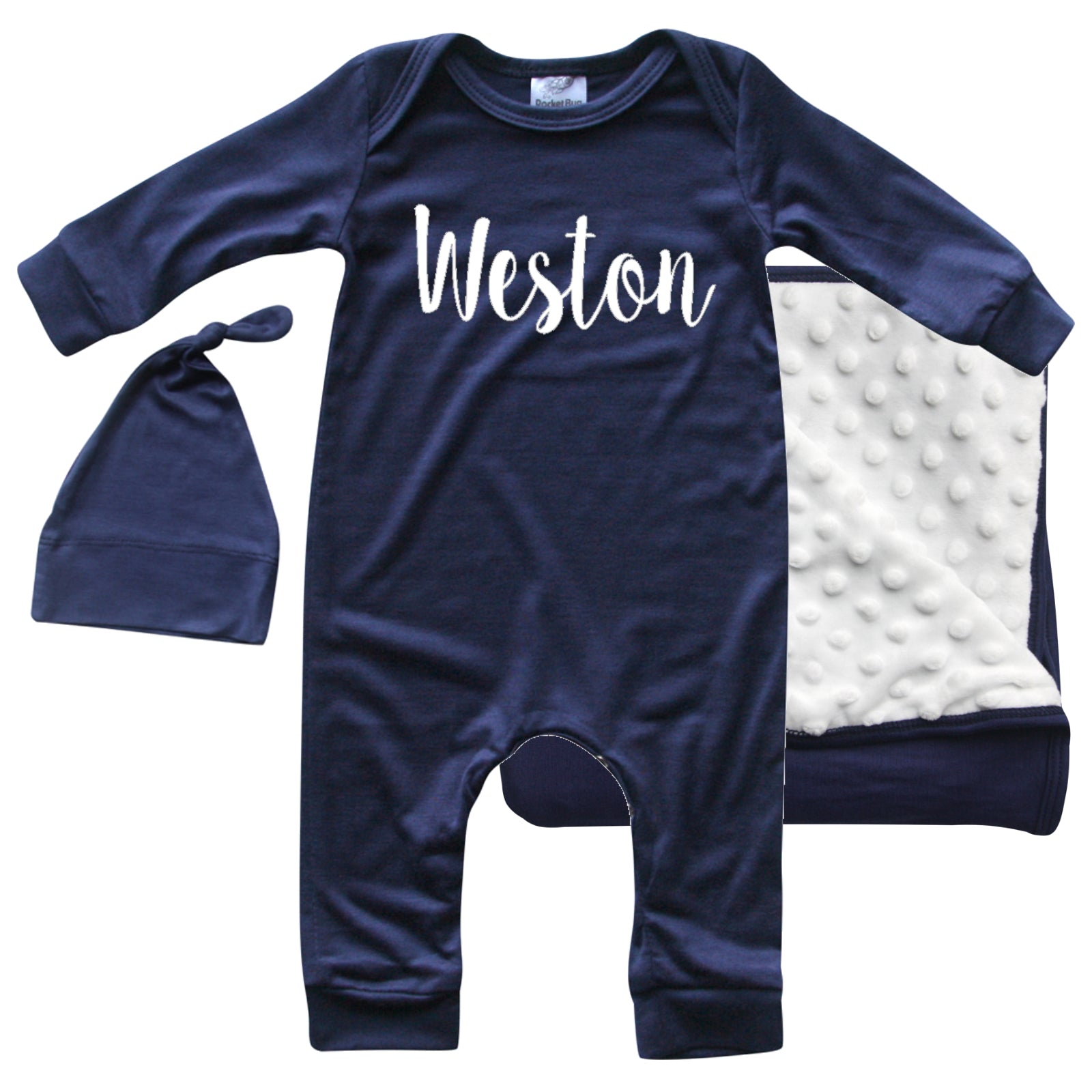 Rocket Bug 'Lush' PERSONALIZED GIFT SET- Silky Long Sleeve Baby Romper, Matching Blanket, and Hat or Headband
