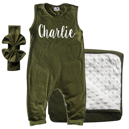 Rocket Bug GIFT SET- Lush Personalized Sleeveless Romper, Matching Blanket, and Hat or Headband for Boys and Girls-Gender Neutral