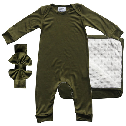 Rocket Bug GIFT SET- Silky Long Sleeve Baby Romper, Matching Blanket, and Hat or Headband for Boys and Girls-Gender Neutral
