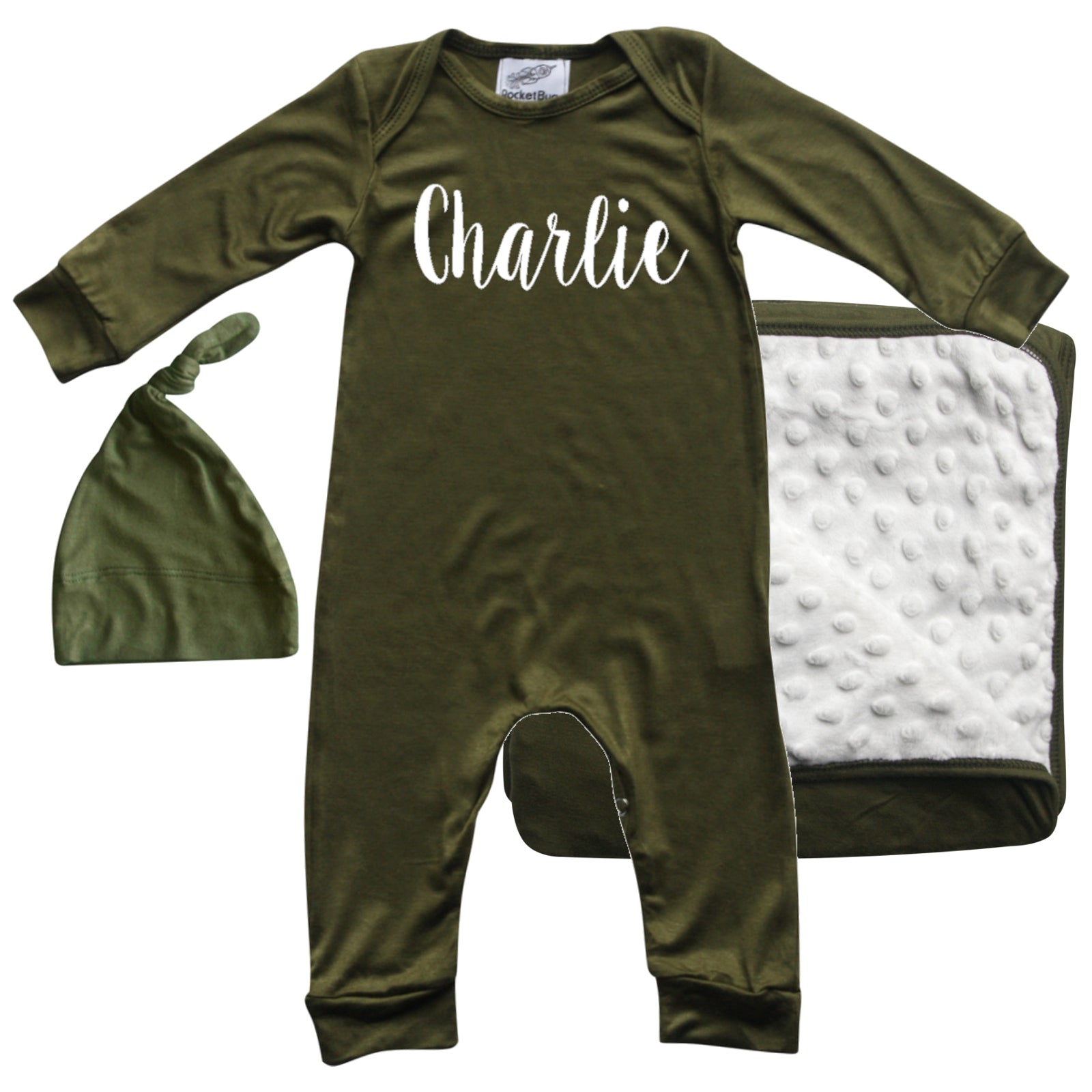 Rocket Bug 'Lush' PERSONALIZED GIFT SET- Silky Long Sleeve Baby Romper, Matching Blanket, and Hat or Headband