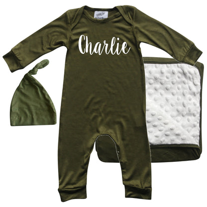 Rocket Bug 'Lush' PERSONALIZED GIFT SET- Silky Long Sleeve Baby Romper, Matching Blanket, and Hat or Headband