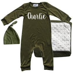 Rocket Bug 'Lush' PERSONALIZED GIFT SET- Silky Long Sleeve Baby Romper, Matching Blanket, and Hat or Headband for Boys and Girls-Gender Neutral