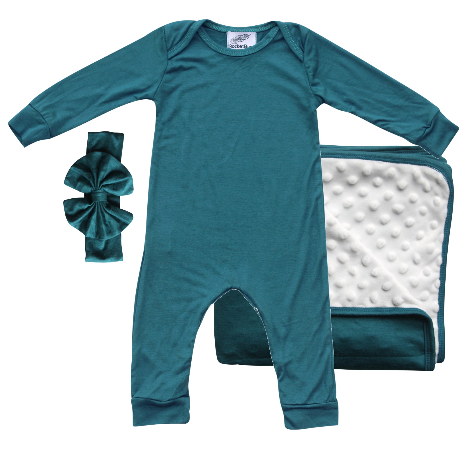 Rocket Bug GIFT SET- Silky Long Sleeve Baby Romper, Matching Blanket, and Hat or Headband for Boys and Girls-Gender Neutral