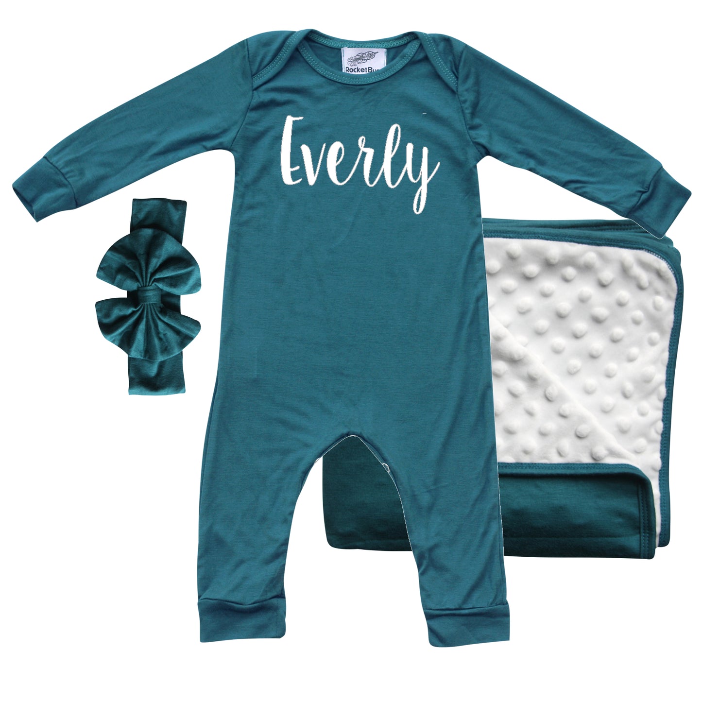 Rocket Bug 'Lush' PERSONALIZED GIFT SET- Silky Long Sleeve Baby Romper, Matching Blanket, and Hat or Headband