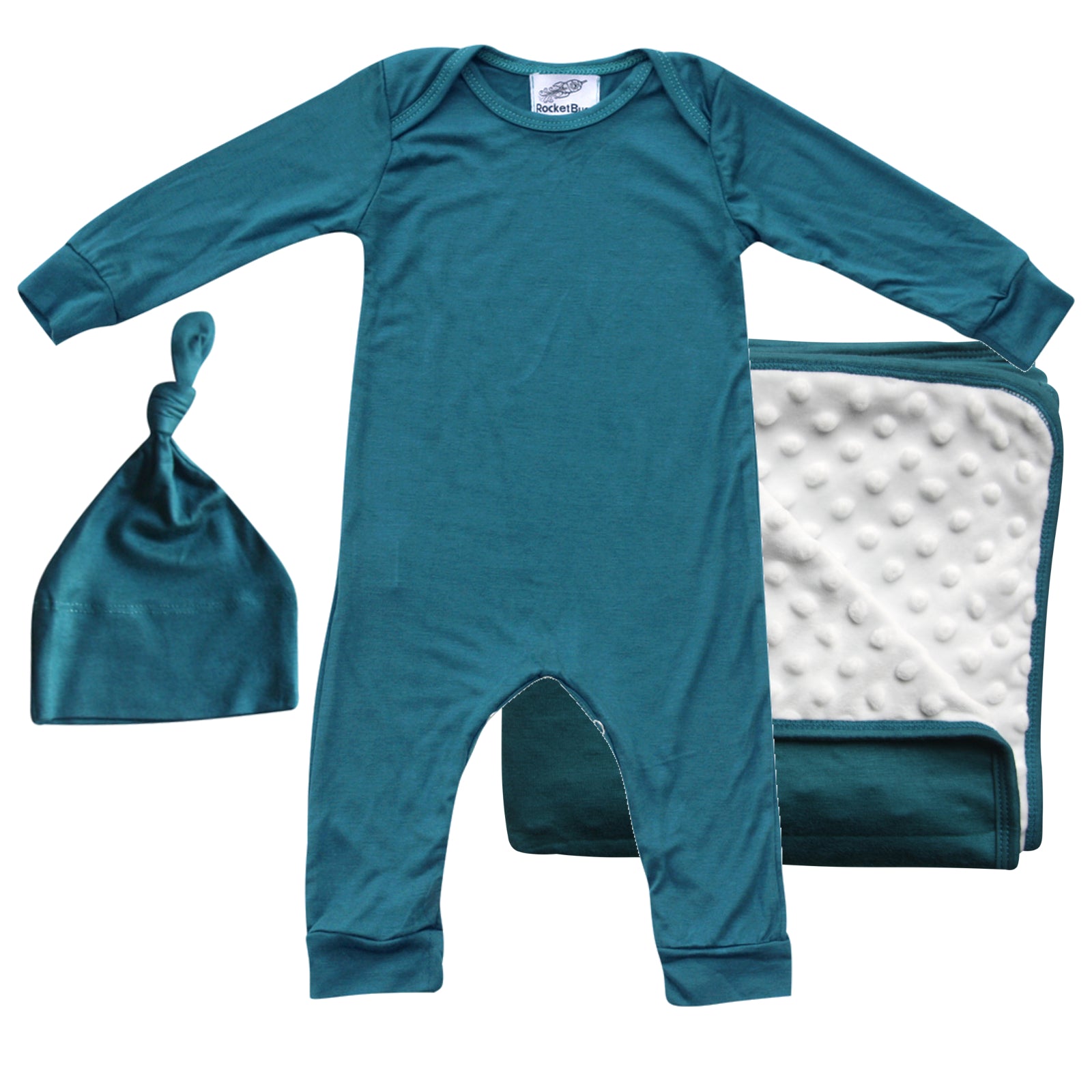 Rocket Bug GIFT SET- Silky Long Sleeve Baby Romper, Matching Blanket, and Hat or Headband for Boys and Girls-Gender Neutral