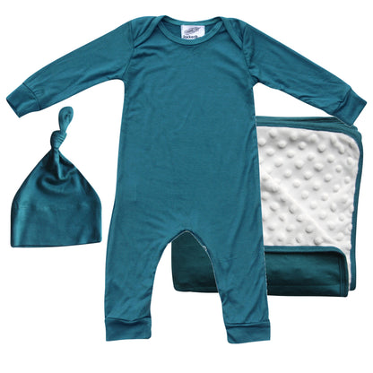 Rocket Bug GIFT SET- Silky Long Sleeve Baby Romper, Matching Blanket, and Hat or Headband for Boys and Girls-Gender Neutral