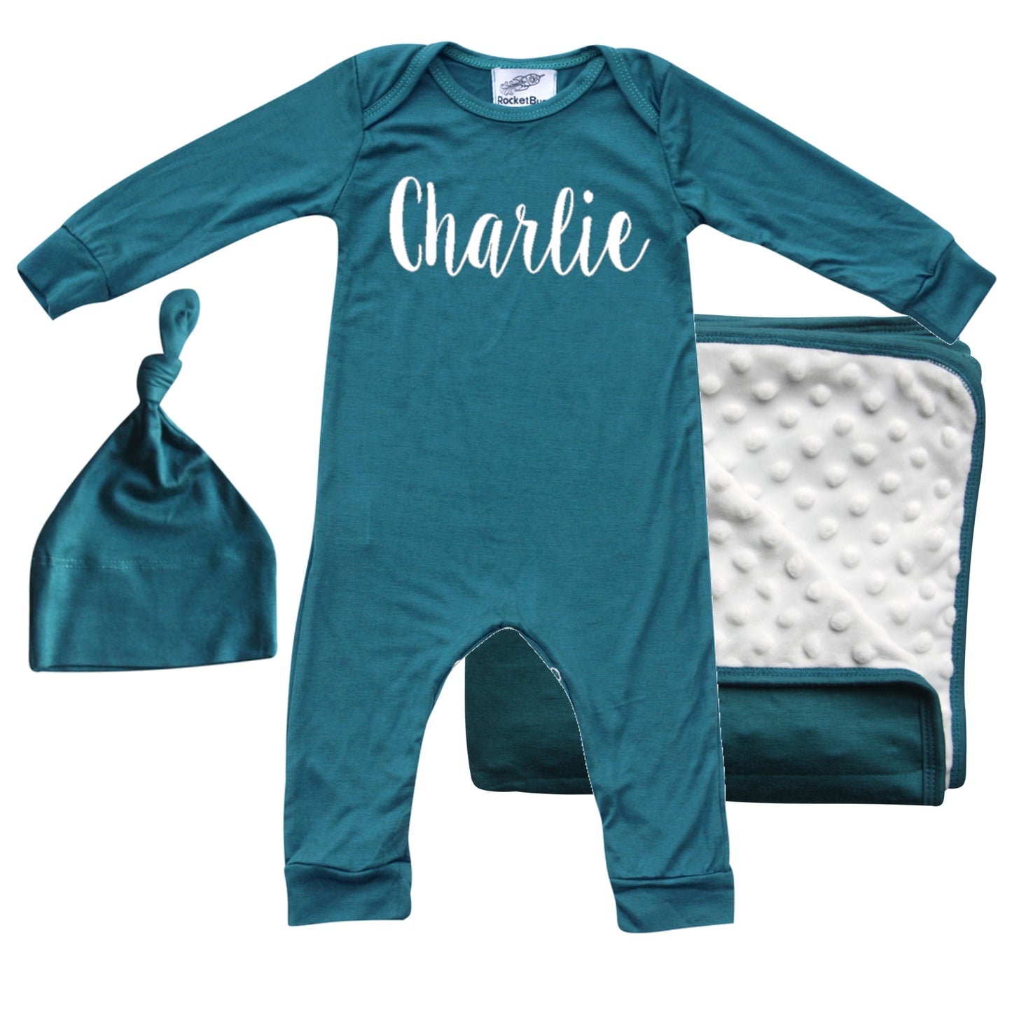 Rocket Bug 'Lush' PERSONALIZED GIFT SET- Silky Long Sleeve Baby Romper, Matching Blanket, and Hat or Headband