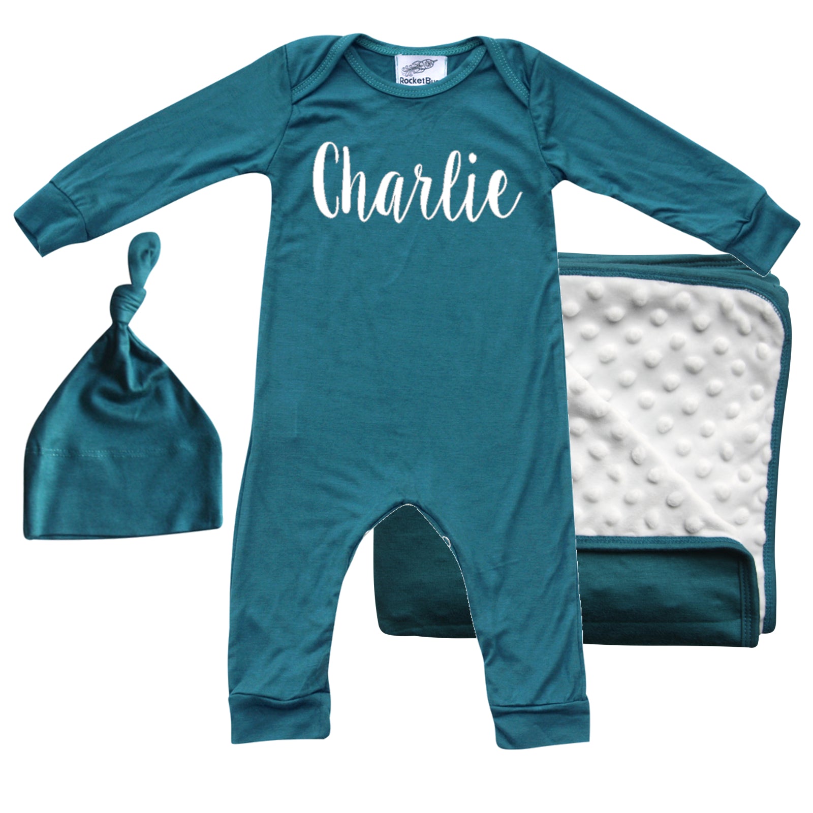 Rocket Bug 'Lush' PERSONALIZED GIFT SET- Silky Long Sleeve Baby Romper, Matching Blanket, and Hat or Headband